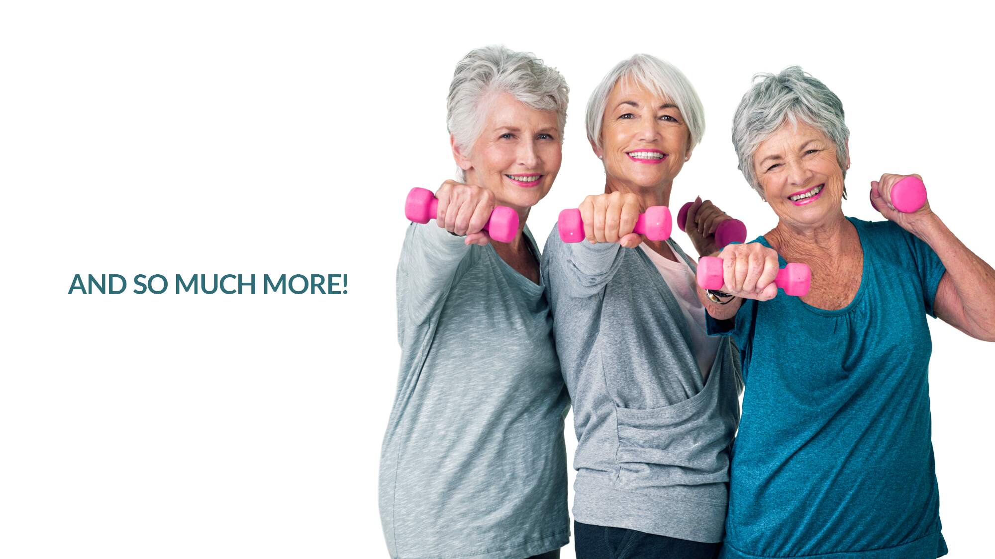 3 happy senior women with pink weights
